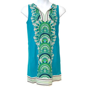 New York & Co Sz L Tank Shift Dress Split V-Neck Center Paisley Motif Aqua Boho